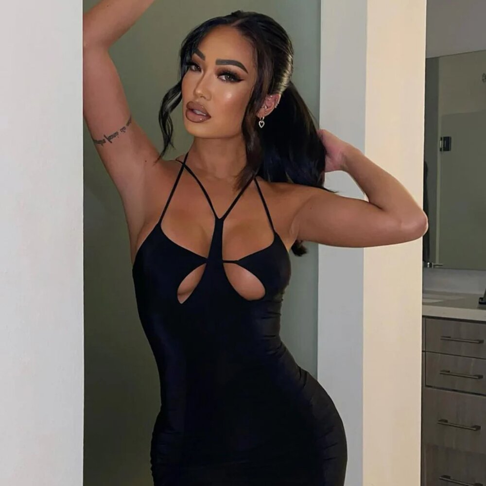 Black Fashion Nova Anessa Midi Halter Dress Tie Back, Cut Outs - NEW with Tags